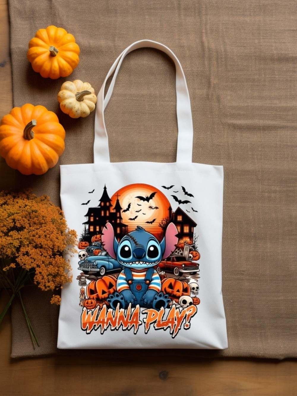 Halloween Stitch Graphic Tote Bag - White